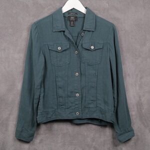 JONES NEW YORK 100% Linen Trucker Denim Style Jacket Button Up Jade Green Sz S